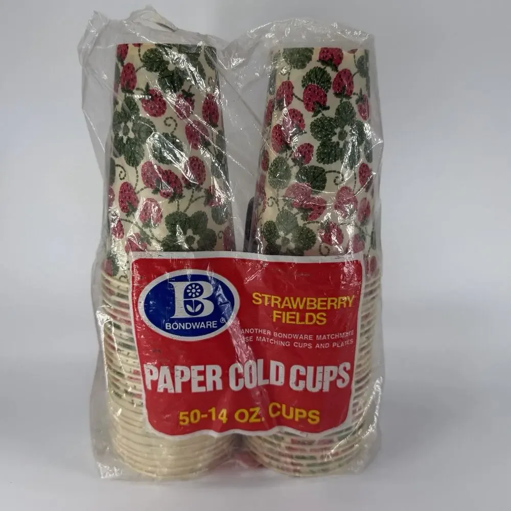 50 Count Vintage Bondware Strawberry Fields Wax Paper Cold Party Cups 14 oz NEW